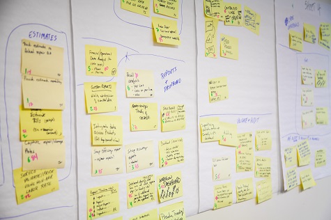 Sticky notes on a task board at Railinc, which practices the Agile software development method.